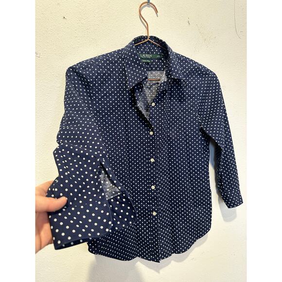 LAUREN RALPH LAUREN Navy White Polka Dot 3/4 Sleeve Button Up Shirt size P XS - Picture 5 of 7